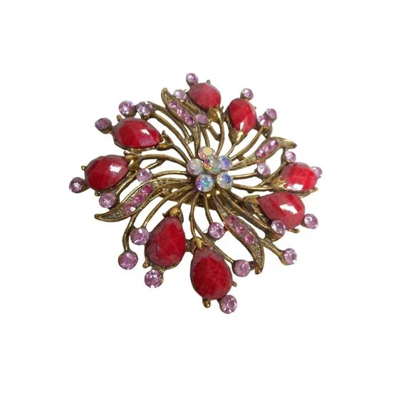 Gold red pink and aurora stones Brooch Pin Jewelry - Picture 2 of 3